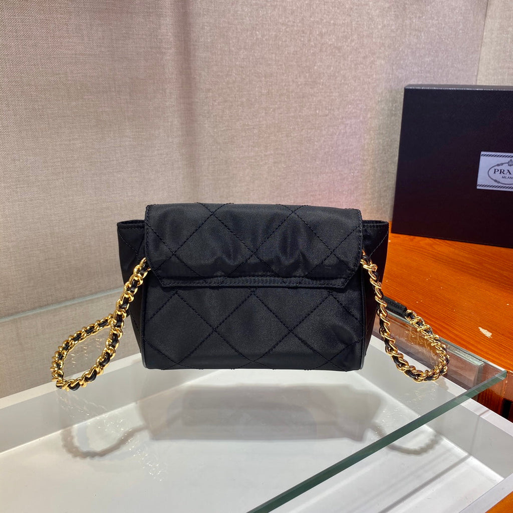 PRADA SMALL QUILTED FLAP BAG 18 IN BLACK RE-NYLON FABRIC GOLD CHAIN