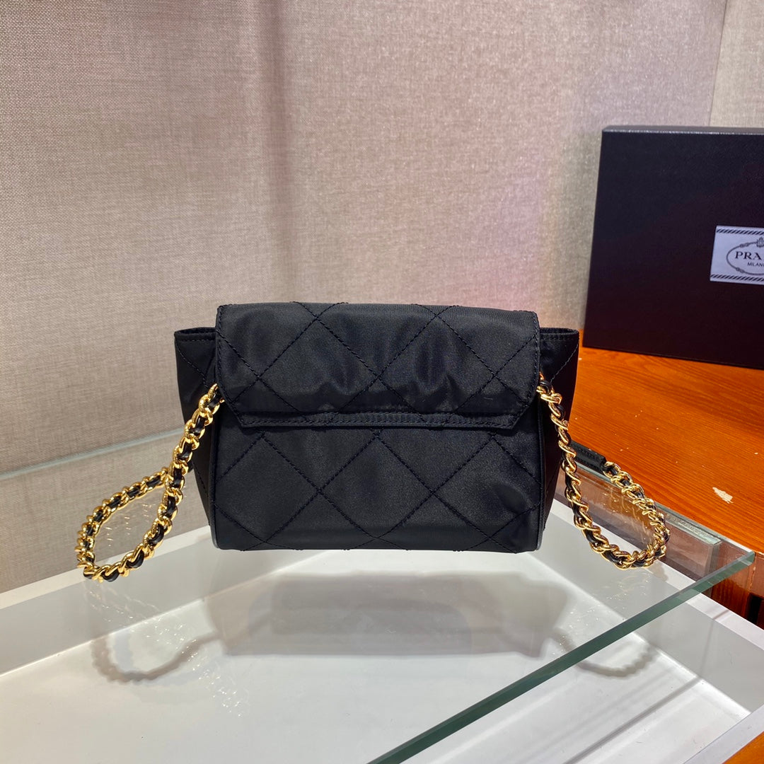 PRADA SMALL QUILTED FLAP BAG 18 IN BLACK RE-NYLON FABRIC GOLD CHAIN