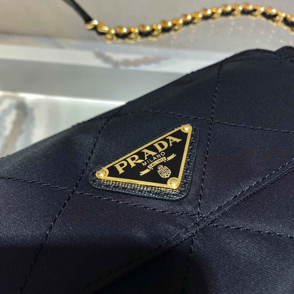 PRADA SMALL QUILTED FLAP BAG 18 IN BLACK RE-NYLON FABRIC GOLD CHAIN