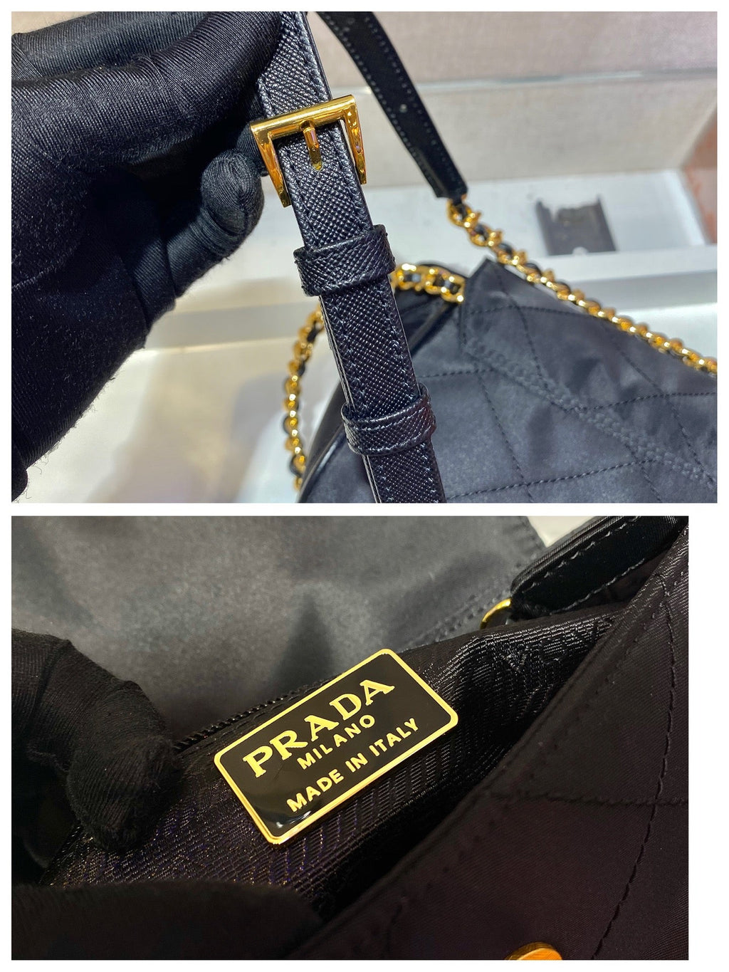 PRADA SMALL QUILTED FLAP BAG 18 IN BLACK RE-NYLON FABRIC GOLD CHAIN