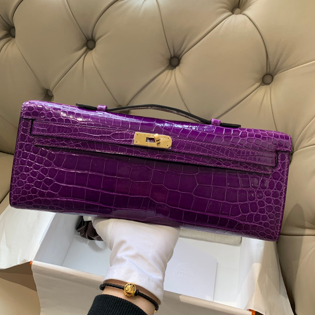 HERMES KELLY CUT 31 IN VIOLET PURPLE ALLIGATOR LEATHER WITH GOLD HARDWARE