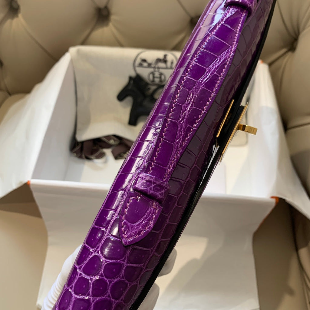 HERMES KELLY CUT 31 IN VIOLET PURPLE ALLIGATOR LEATHER WITH GOLD HARDWARE