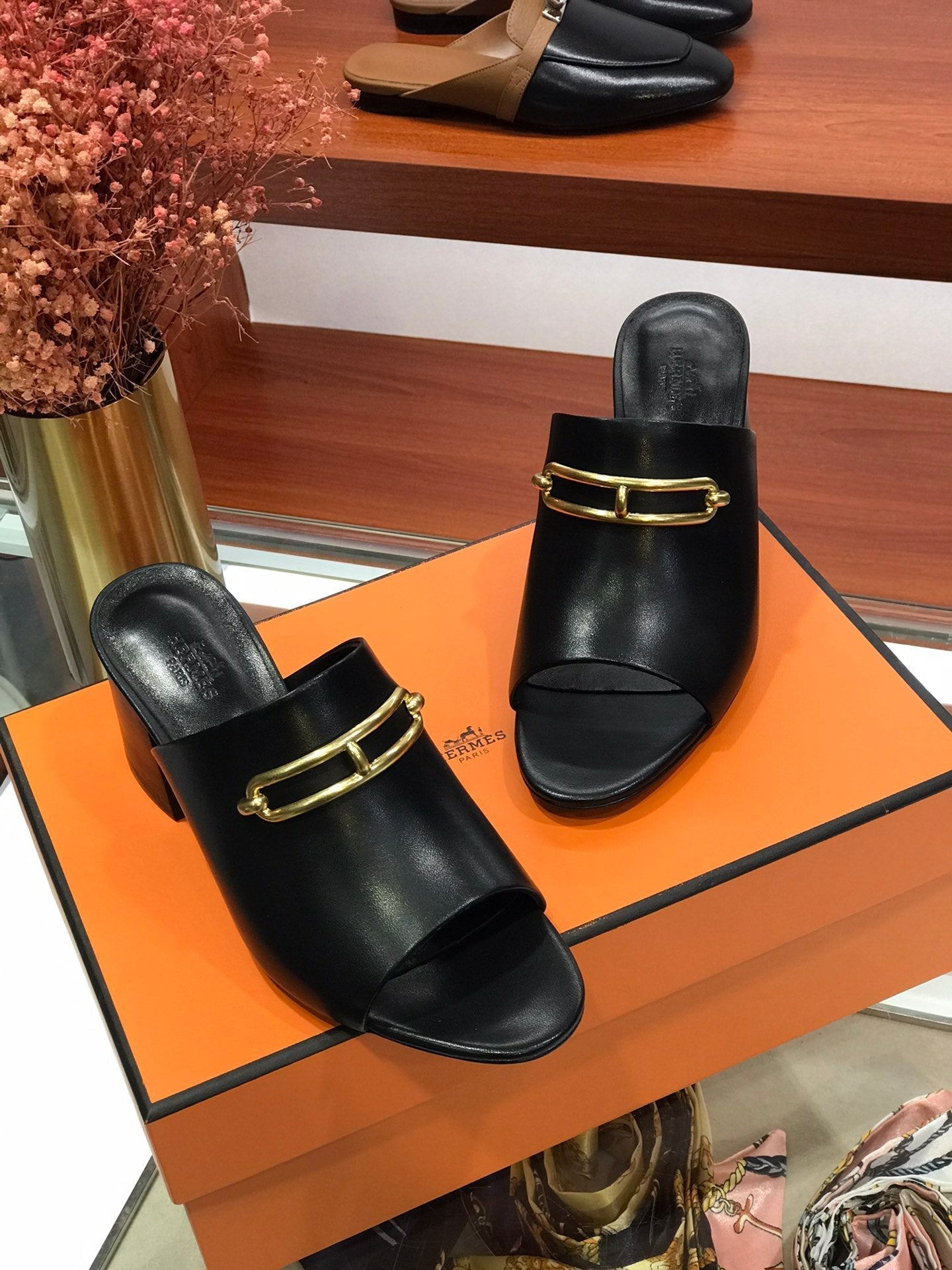 HERMES CAMILLA MULE 65 BLACK CALFSKIN