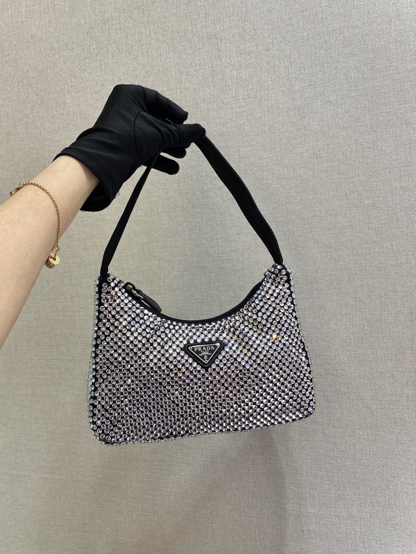 PRADA SPARKLING HOBO BAG 23 IN BLACK NYLON ATTACHED FULLY CRYSTALS