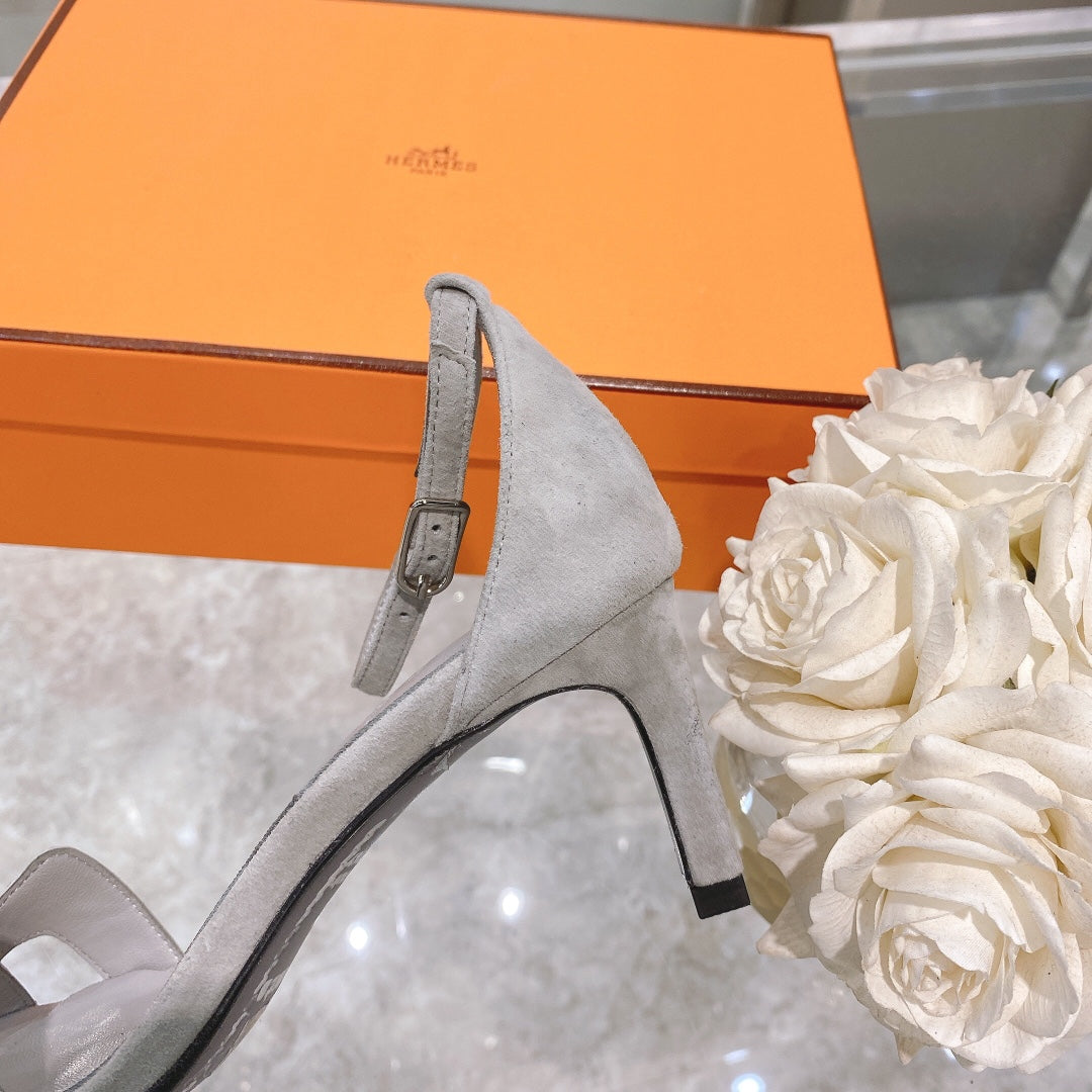 HERMES PREMIERE 70 SANDAL IN PALE GRAY SUEDE WITH CRYSTALS