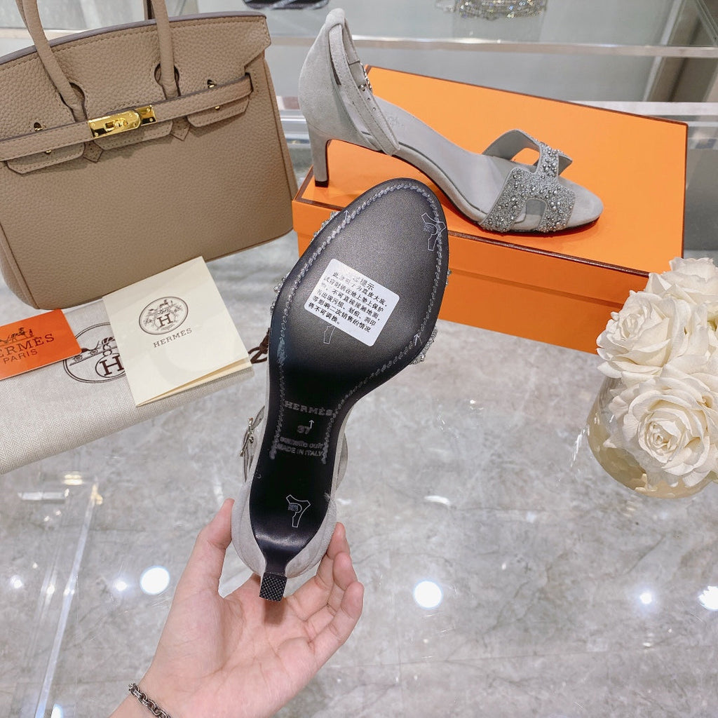 HERMES PREMIERE 70 SANDAL IN PALE GRAY SUEDE WITH CRYSTALS