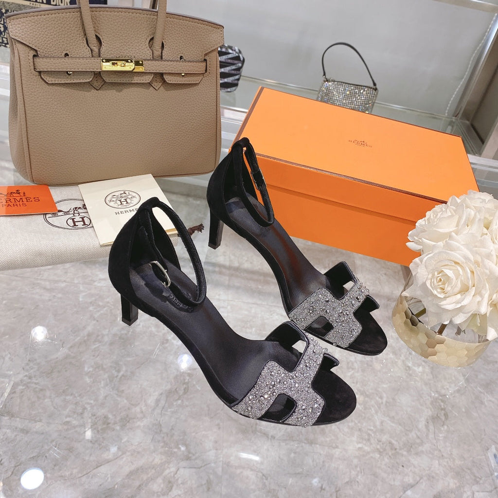 HERMES PREMIERE 70 SANDAL IN BLACK SUEDE WITH WHITE CRYSTALS