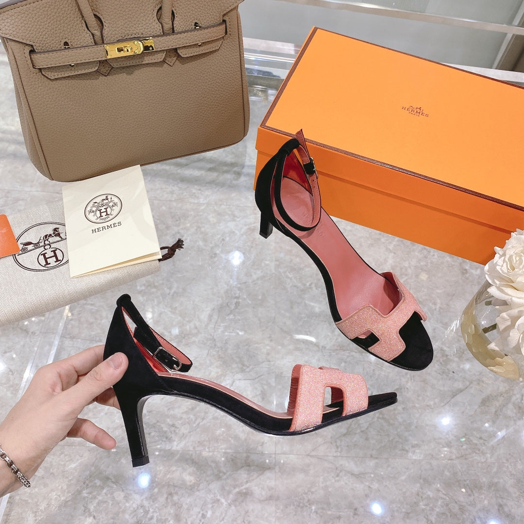 HERMES PREMIERE 70 SANDAL IN ROSE PINK MIX BLACK SUEDE