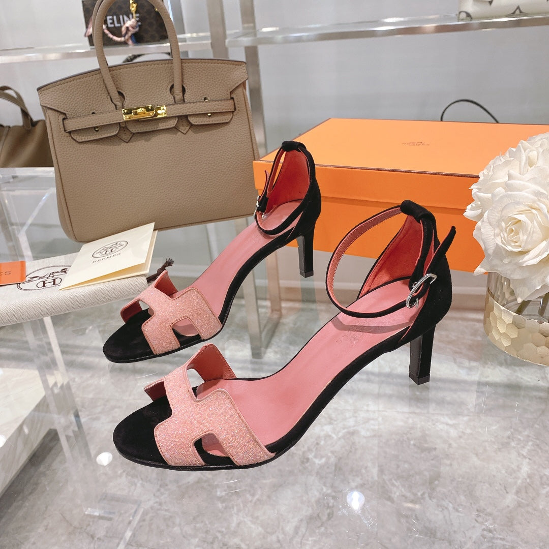 HERMES PREMIERE 70 SANDAL IN ROSE PINK MIX BLACK SUEDE