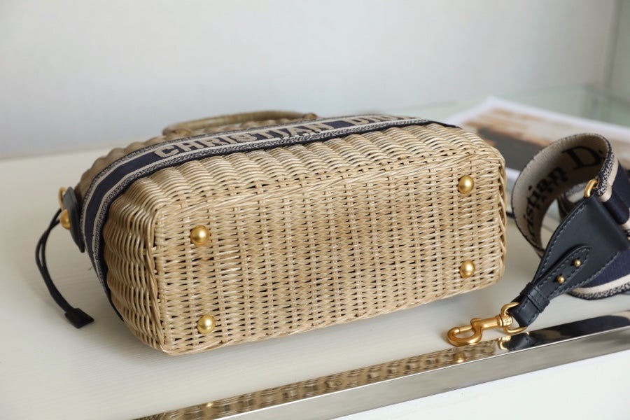 DIOR LARGE 28 BASKET BAG IN BLACK OBLIQUE JACQUARD AND BEIGE WICKER