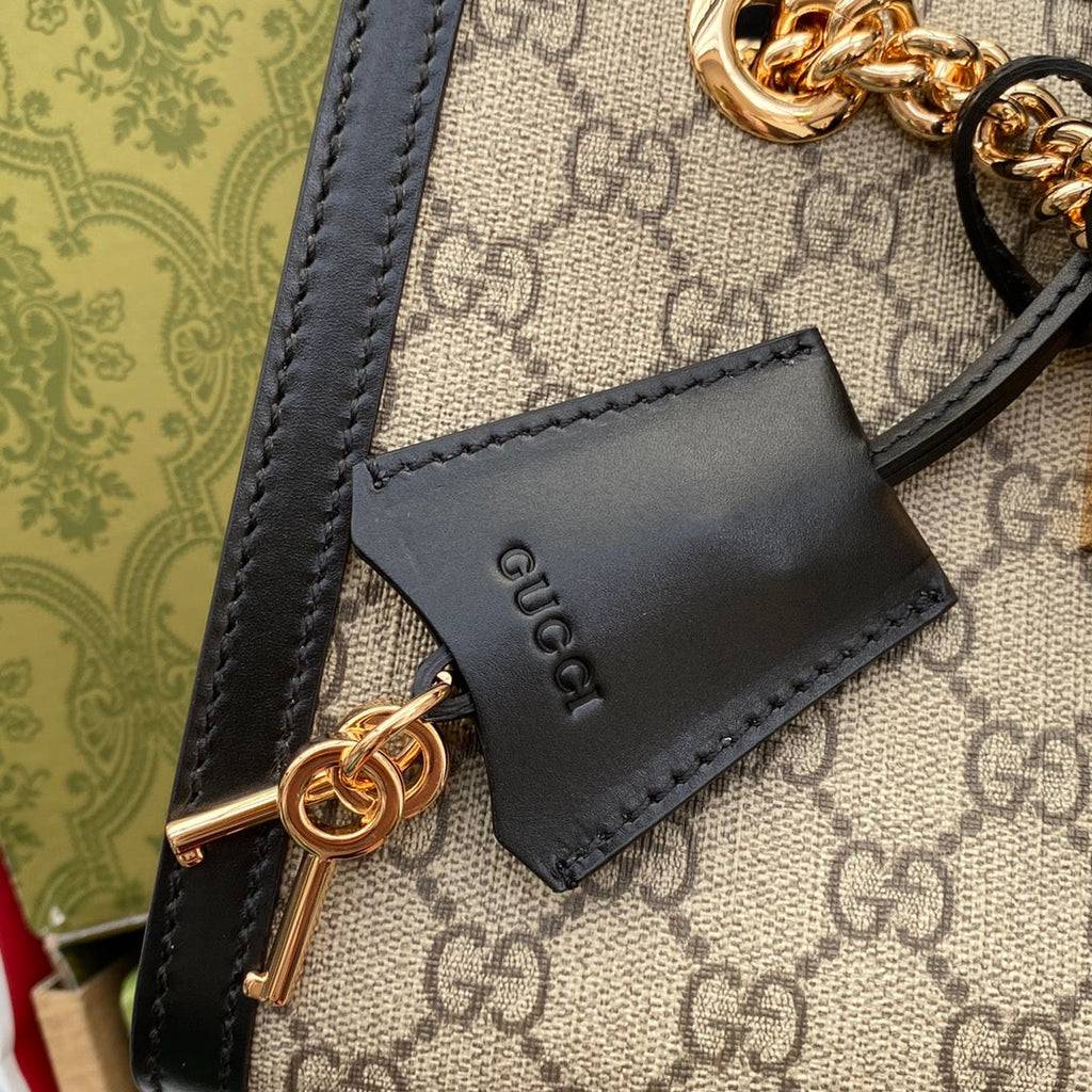 GUCCI PADLOCK MEDIUM 26 SHOULDER BAG BEIGE CANVAS AND BLACK CALFSKIN