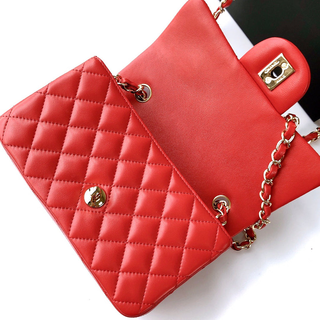 CHANEL MINI RECTANGLE FLAP BAG 20CM RED LAMBSKIN GOLD HARDWARE