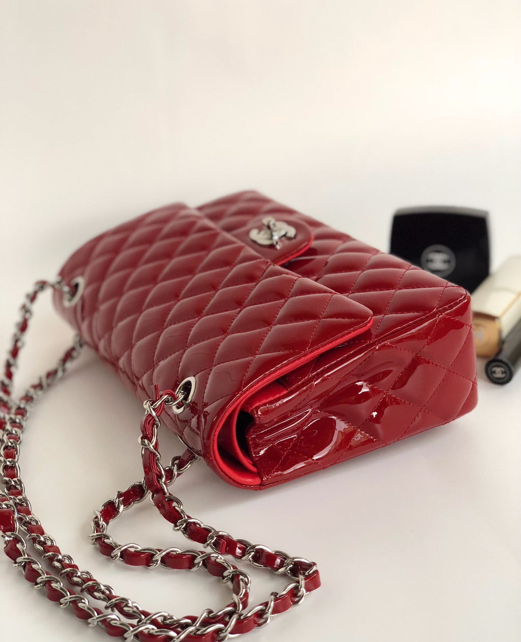 CHANEL FLAP BAG MEDIUM 25CM RED PATENT CALFSKIN SILVER HARDWARE