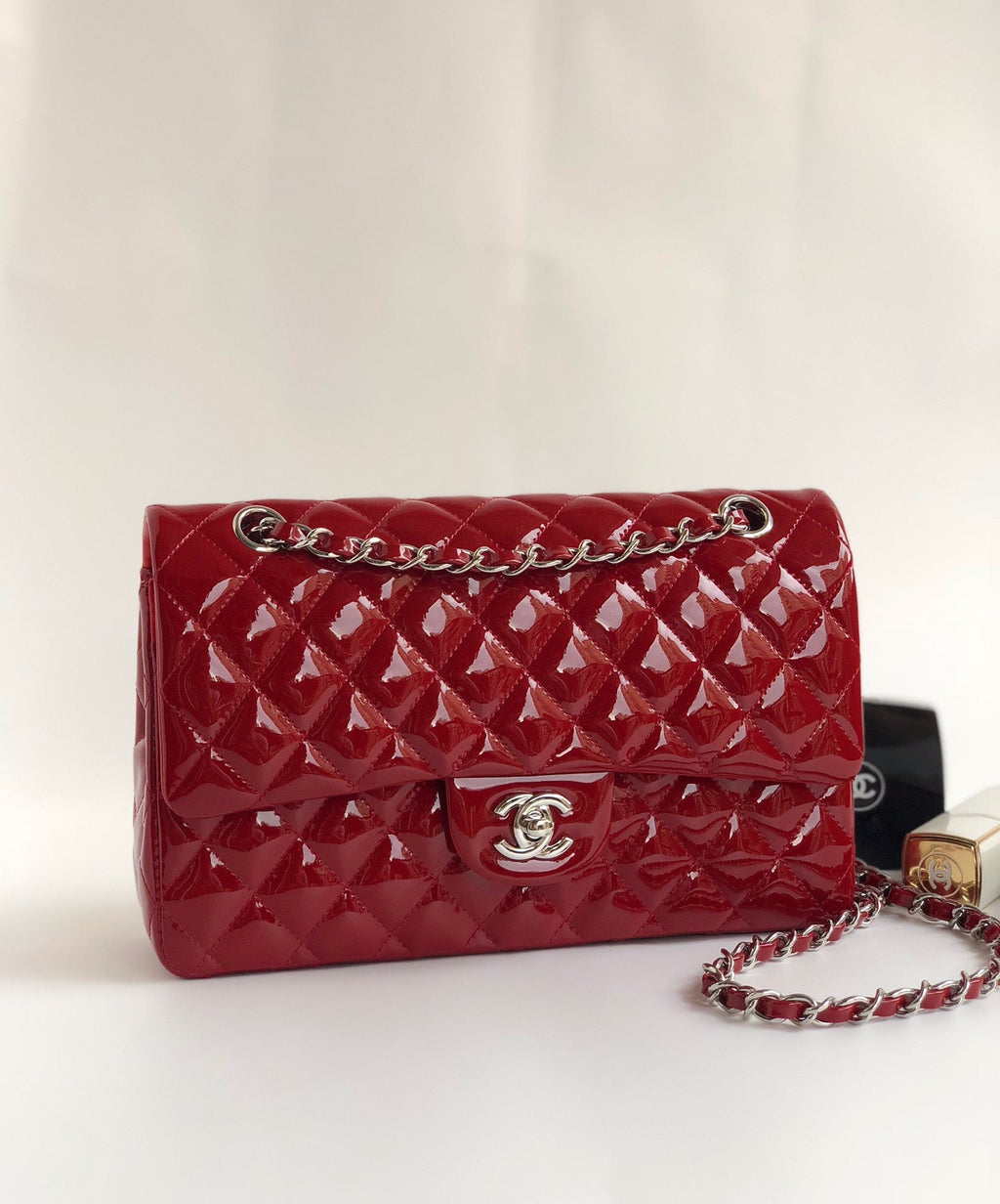 CHANEL FLAP BAG MEDIUM 25CM RED PATENT CALFSKIN SILVER HARDWARE