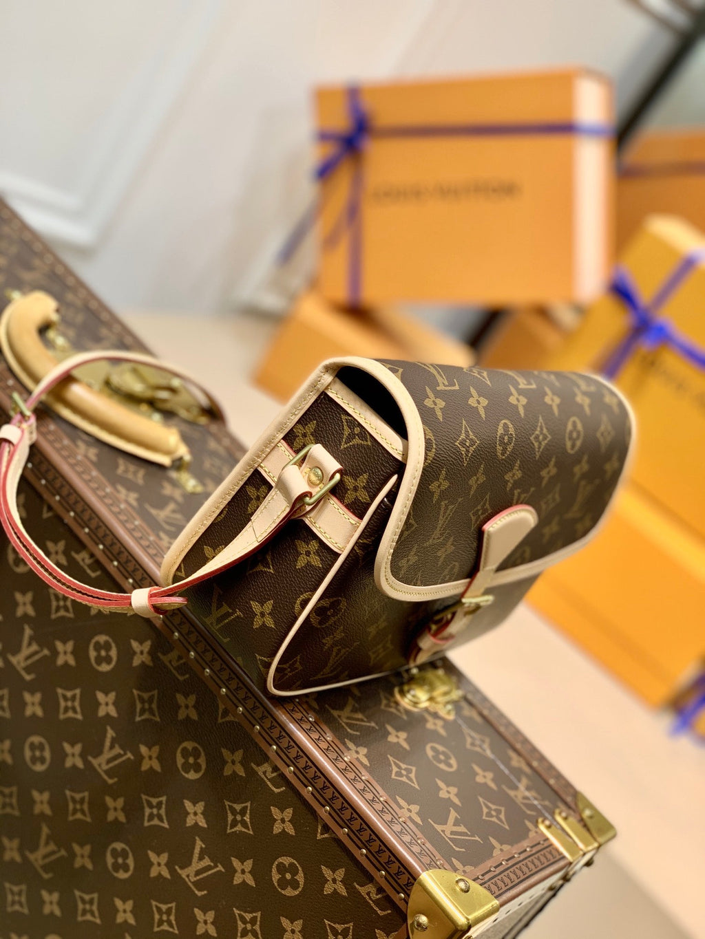 LOUIS VUITTON DIANE 27 IN BROWN MONOGRAM COATED CANVAS AND CALFSKIN