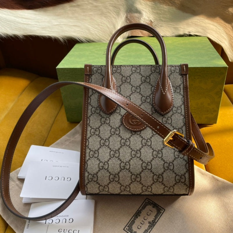 GUCCI MINI TOTE  20 BAG IN BEIGE CANVAS AND BROWN CALFSKIN