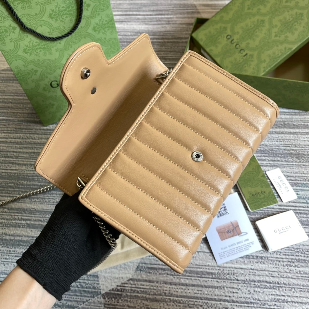 GUCCI MARMONT MINI 20 SHOULDER BAG IN CAMEL BROWN CALFSKIN
