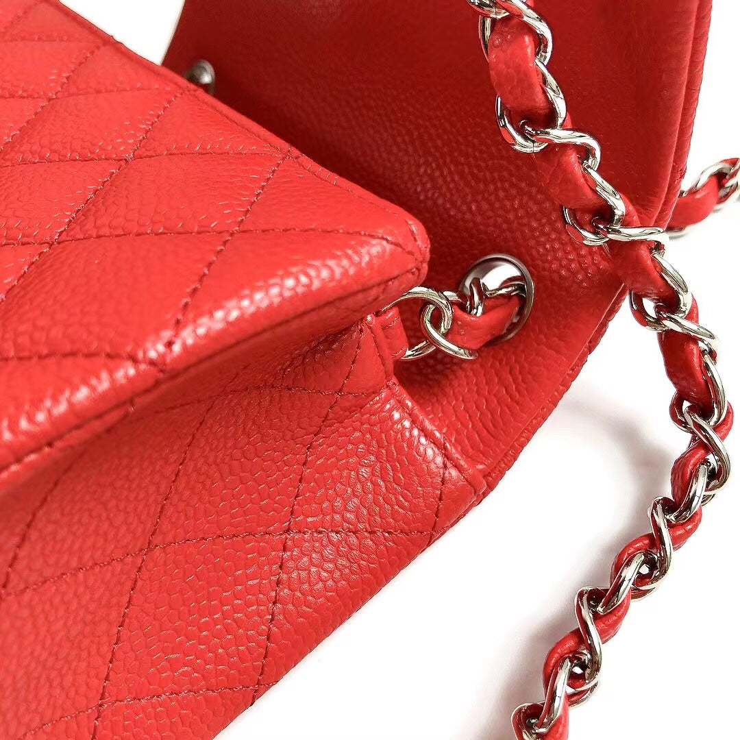 CHANEL MINI SQUARE FLAP BAG 17CM RED CAVIAR SILVER HARDWARE