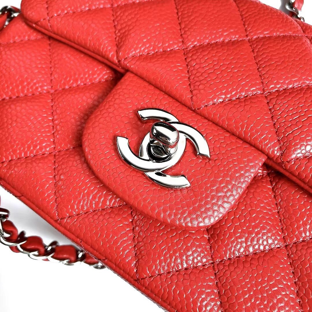 CHANEL MINI SQUARE FLAP BAG 17CM RED CAVIAR SILVER HARDWARE