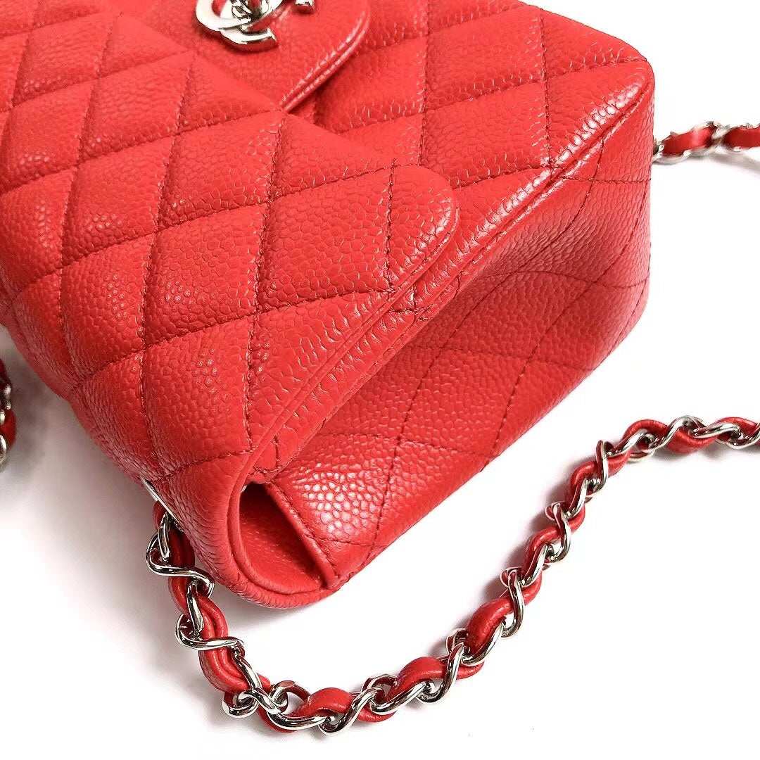 CHANEL MINI SQUARE FLAP BAG 17CM RED CAVIAR SILVER HARDWARE