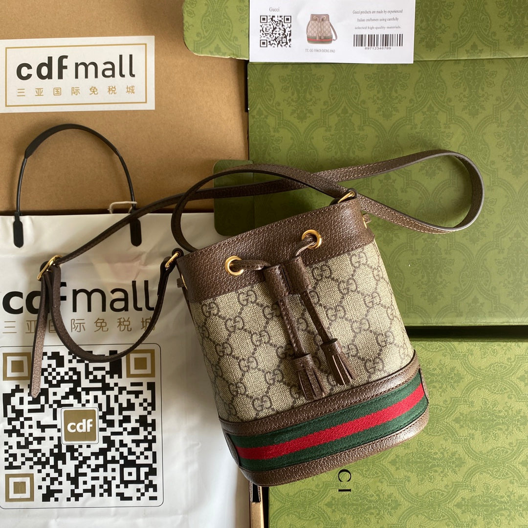 GUCCI OPHIDIA MINI BUCKET BAG 18 WITH WEB IN BEIGE EBONY CANVAS MIX BROWN CALFSKIN