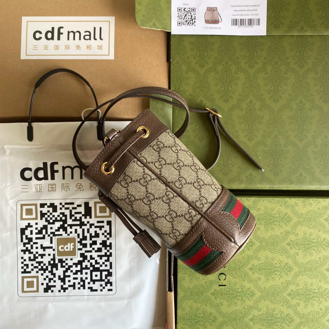 GUCCI OPHIDIA MINI BUCKET BAG 18 WITH WEB IN BEIGE EBONY CANVAS MIX BROWN CALFSKIN
