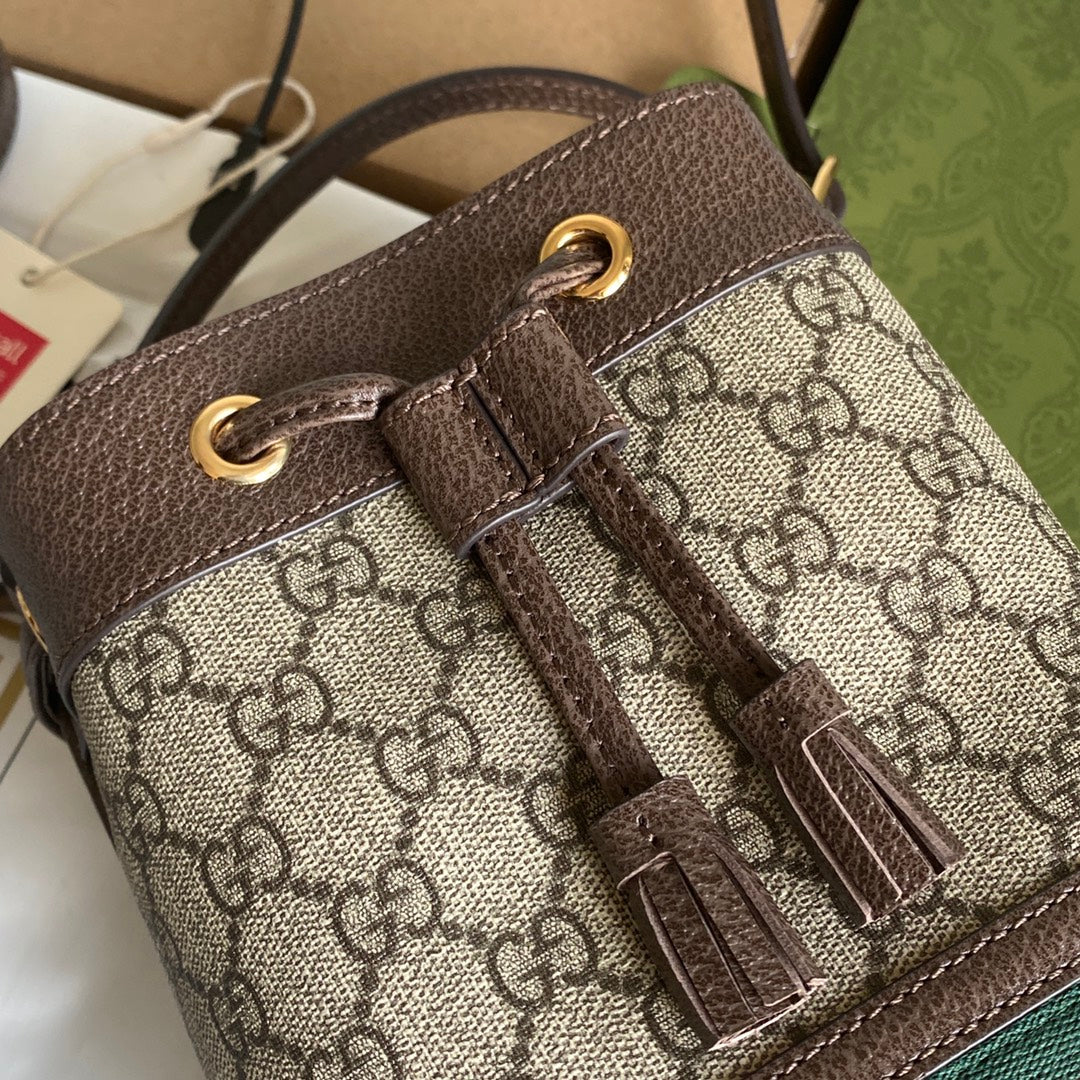 GUCCI OPHIDIA MINI BUCKET BAG 18 WITH WEB IN BEIGE EBONY CANVAS MIX BROWN CALFSKIN