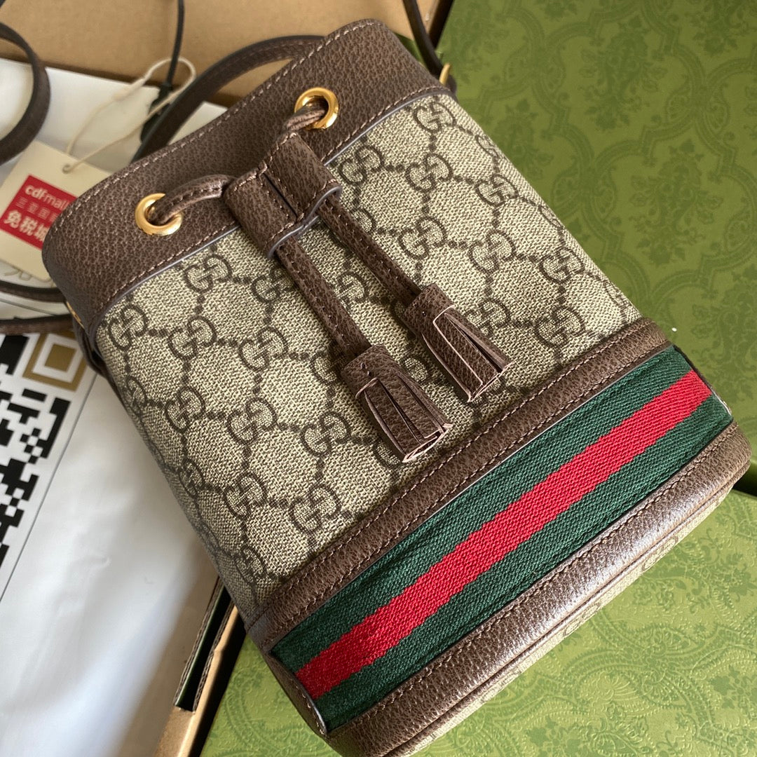 GUCCI OPHIDIA MINI BUCKET BAG 18 WITH WEB IN BEIGE EBONY CANVAS MIX BROWN CALFSKIN
