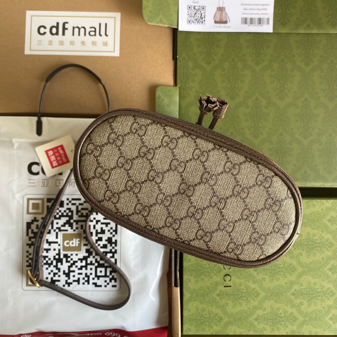 GUCCI OPHIDIA MEDIUM BUCKET BAG 26 WITH WEB IN BEIGE EBONY CANVAS MIX BROWN CALFSKIN