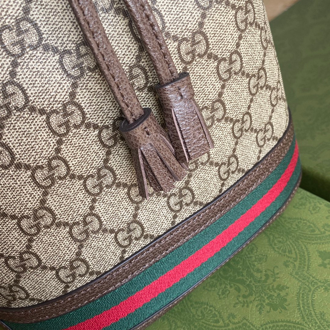 GUCCI OPHIDIA MEDIUM BUCKET BAG 26 WITH WEB IN BEIGE EBONY CANVAS MIX BROWN CALFSKIN