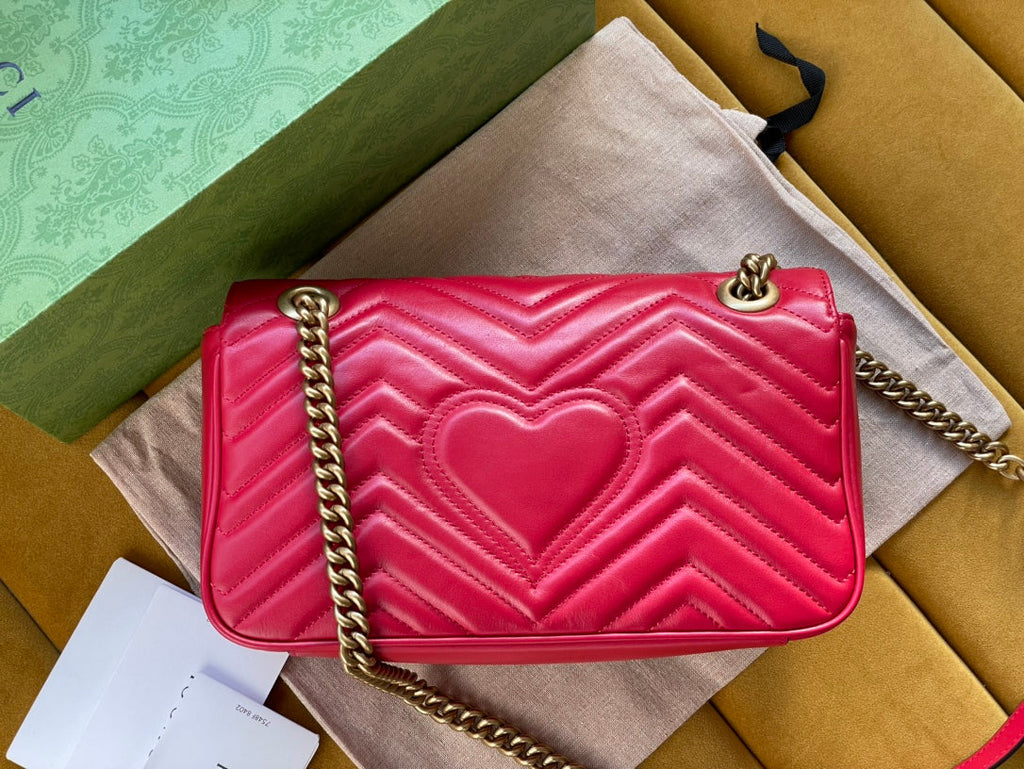 GUCCI MARMONT MATELASSÉ LARGE 26 BAG RED PINK CALFSKIN