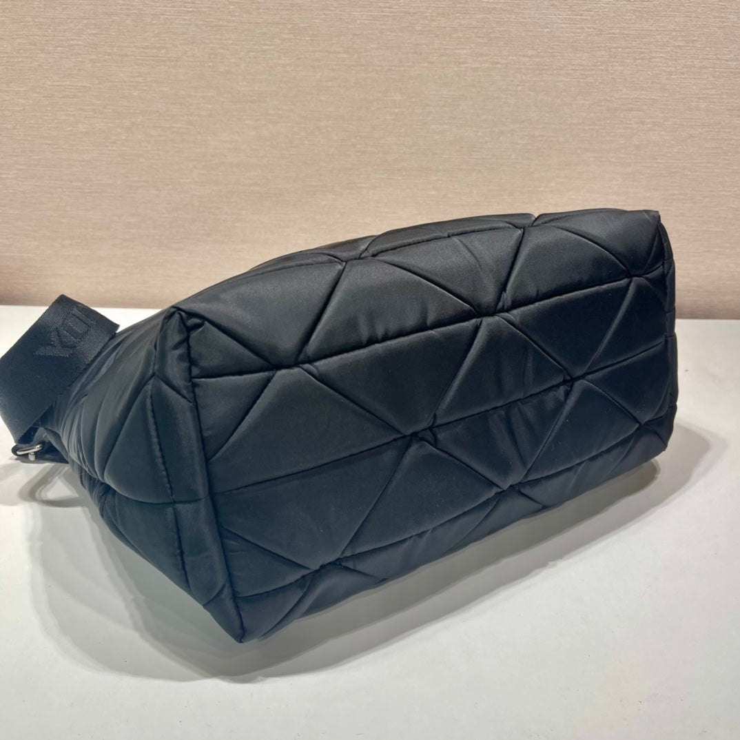 PRADA TRIANGLE PATTERN TOTE BAG 33 IN BLACK QUILTED RE-NYLON