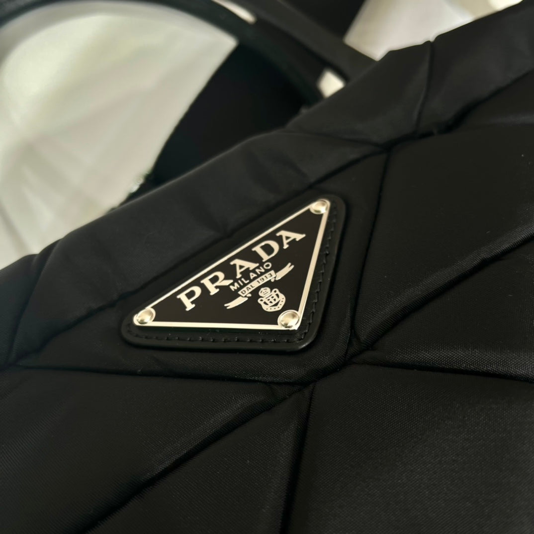 PRADA TRIANGLE PATTERN TOTE BAG 33 IN BLACK QUILTED RE-NYLON