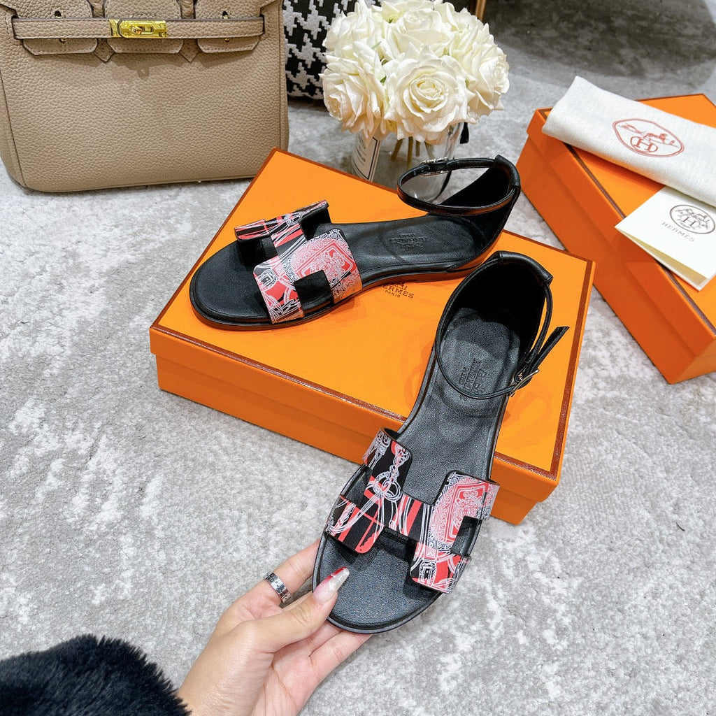 HERMES SANTORINI SANDAL BLACK CALFSKIN WITH PATTERN