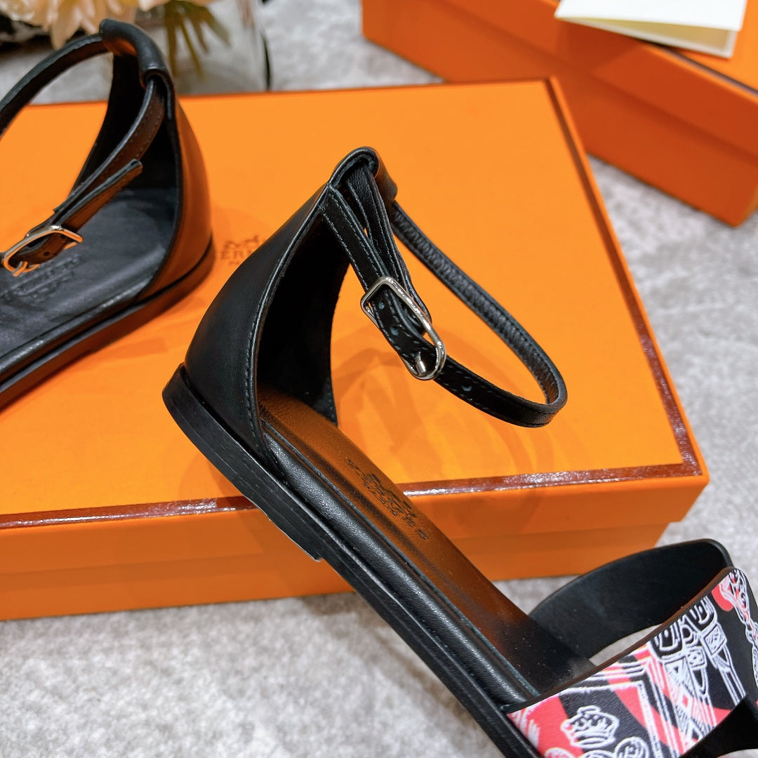 HERMES SANTORINI SANDAL BLACK CALFSKIN WITH PATTERN