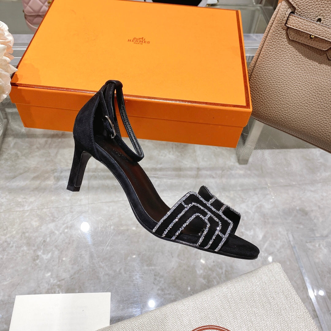 HERMES PREMIERE 70 SANDAL IN BLACK SUEDE WITH RHINSTONES