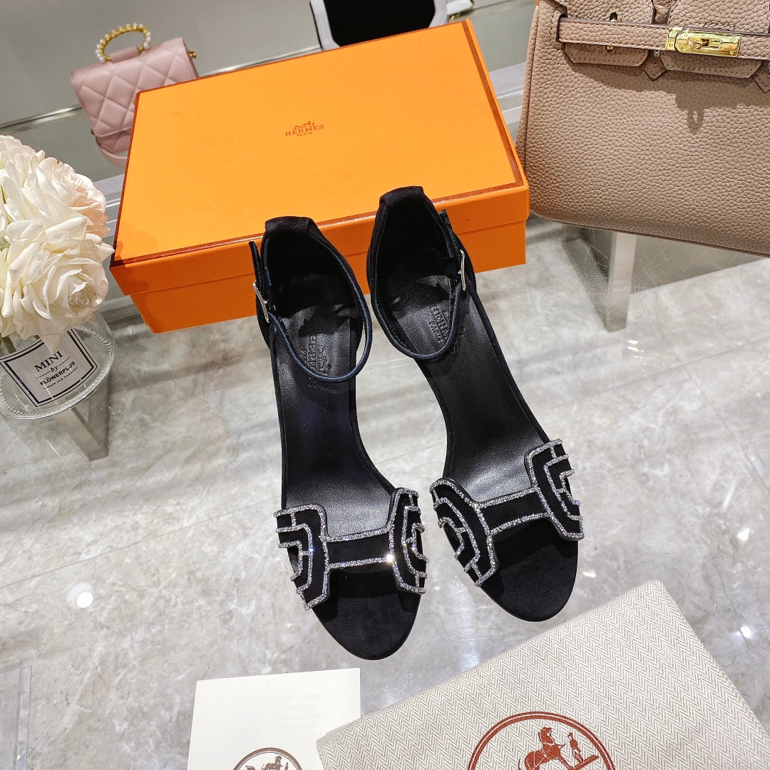 HERMES PREMIERE 90 SANDAL IN BLACK SUEDE WITH RHINSTONES