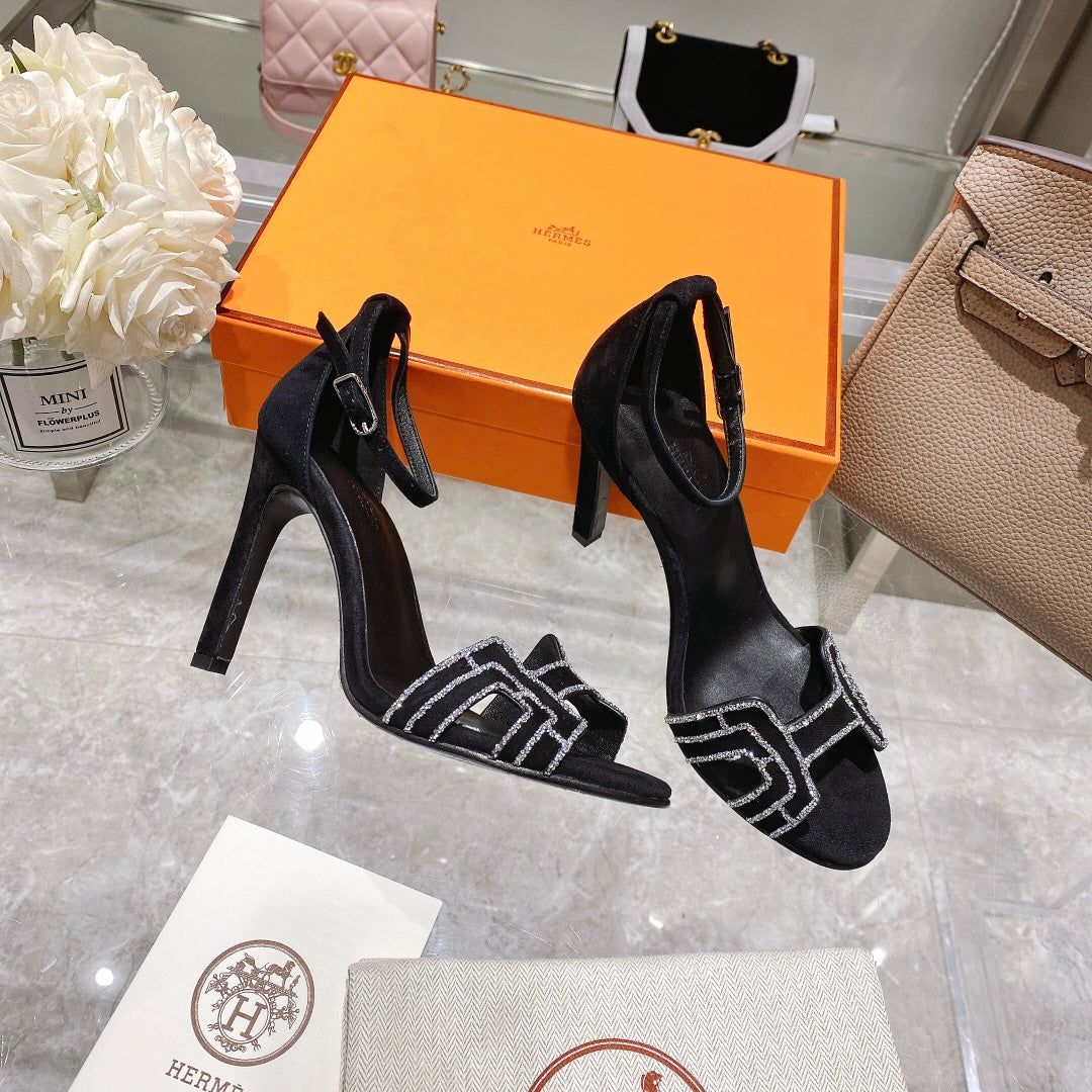HERMES PREMIERE 105 SANDAL IN BLACK SUEDE WITH RHINSTONES