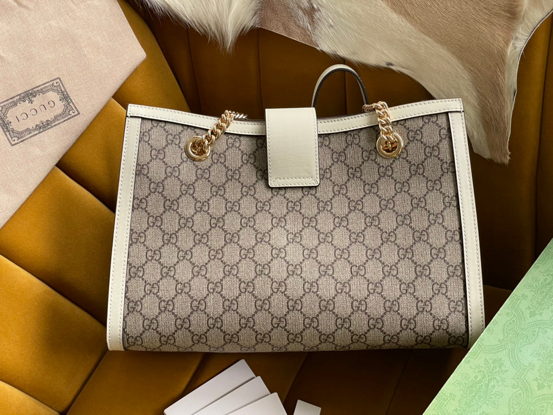 GUCCI PADLOCK LARGE 35 SHOULDER BAG BEIGE CANVAS AND WHITE CALFSKIN