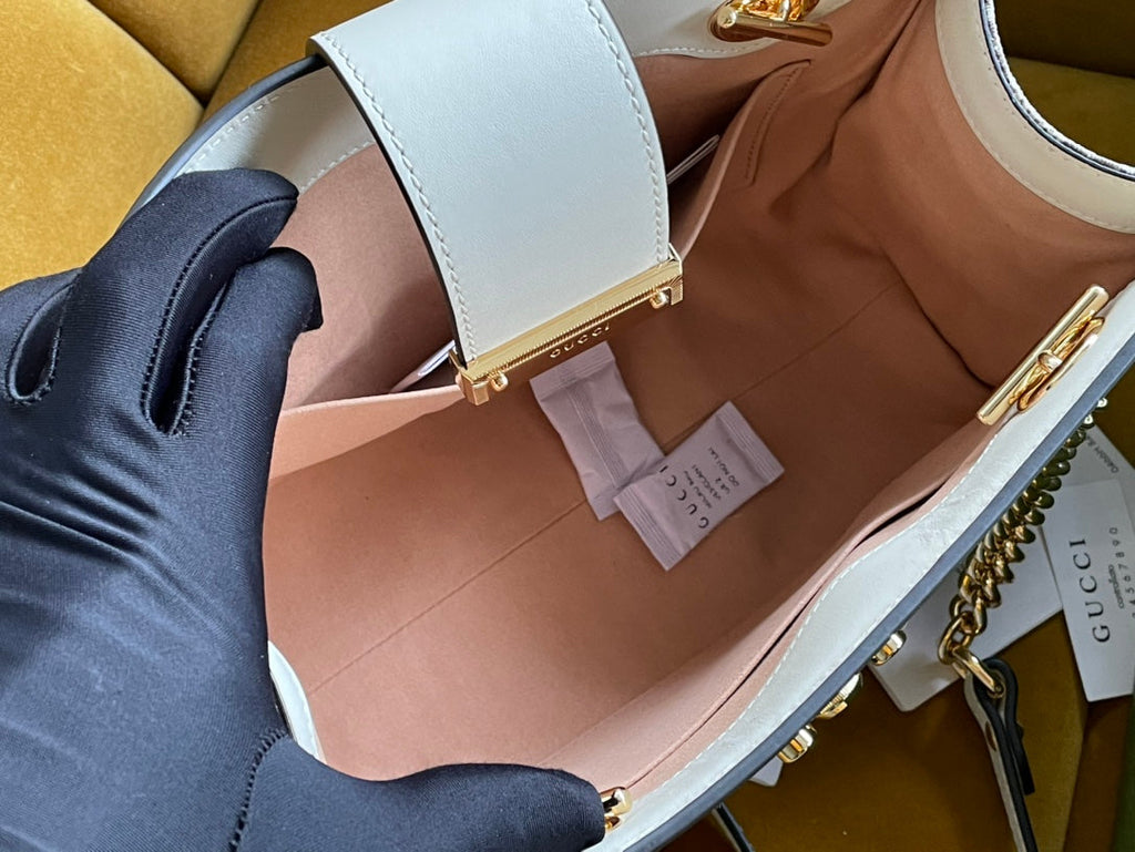 GUCCI PADLOCK MEDIUM 26 SHOULDER BAG BEIGE CANVAS AND WHITE CALFSKIN