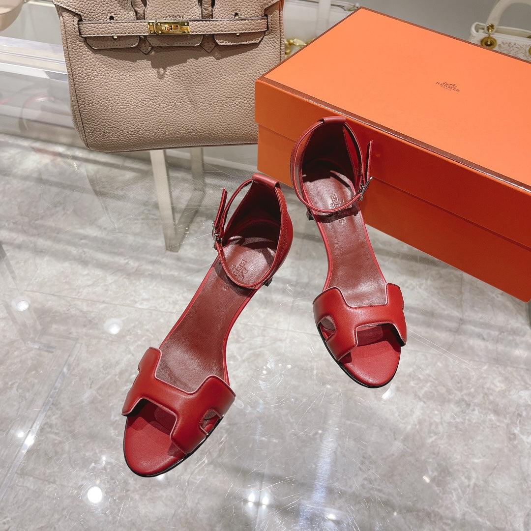 HERMES PREMIERE 70 SANDAL IN CHERRY RED CALFSKIN