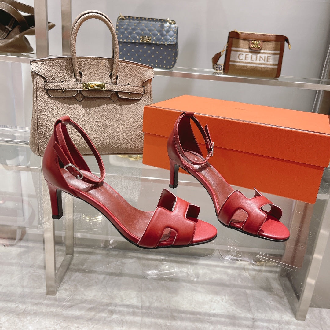 HERMES PREMIERE 70 SANDAL IN CHERRY RED CALFSKIN