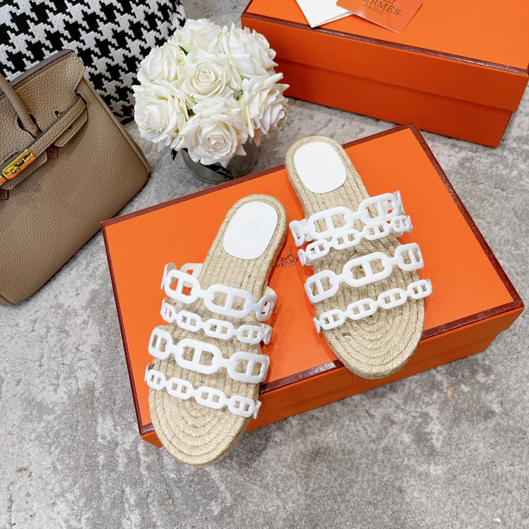 HERMES STRAW SOLE SLIPPERS WHITE LAMBSKIN