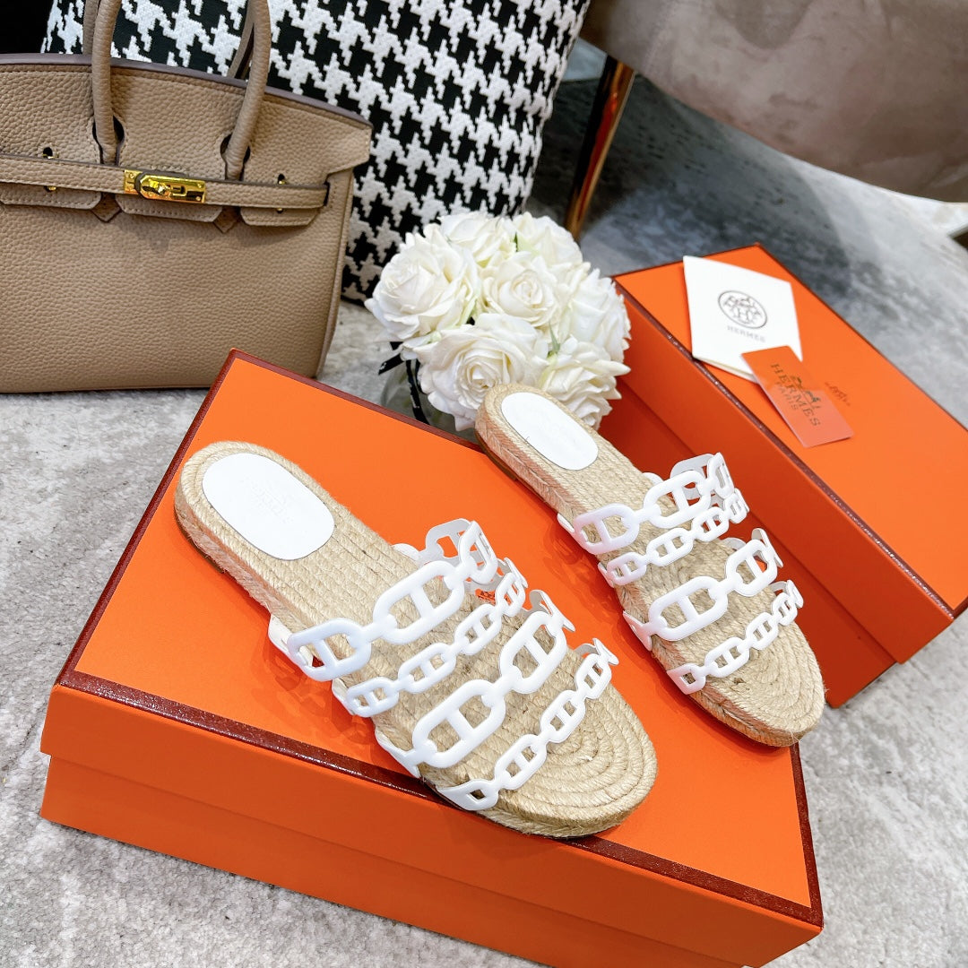 HERMES STRAW SOLE SLIPPERS WHITE LAMBSKIN