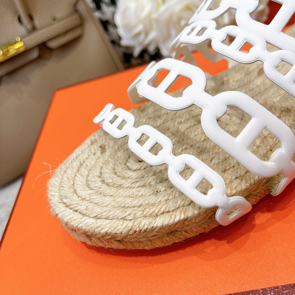 HERMES STRAW SOLE SLIPPERS WHITE LAMBSKIN