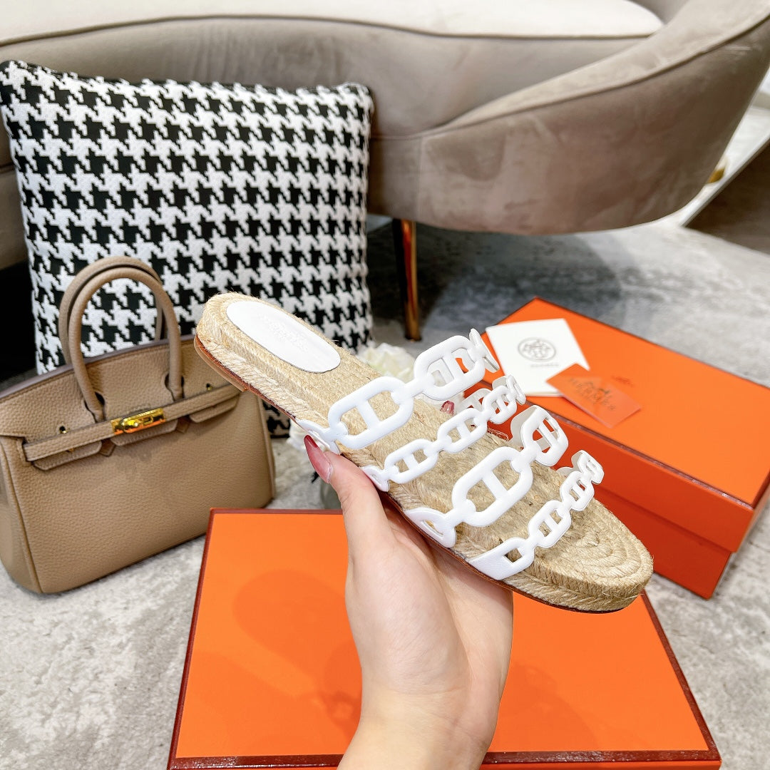 HERMES STRAW SOLE SLIPPERS WHITE LAMBSKIN