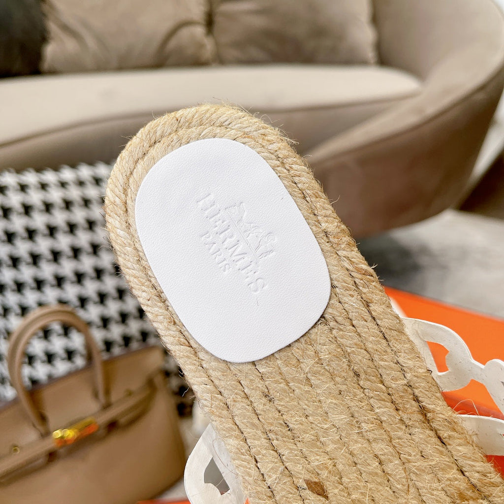 HERMES STRAW SOLE SLIPPERS WHITE LAMBSKIN