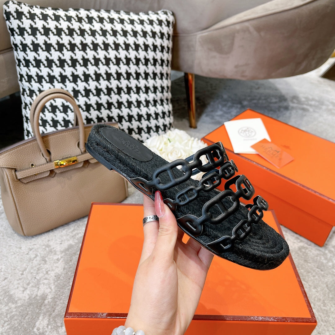 HERMES BLACK STRAW SOLE SLIPPERS BLACK LAMBSKIN