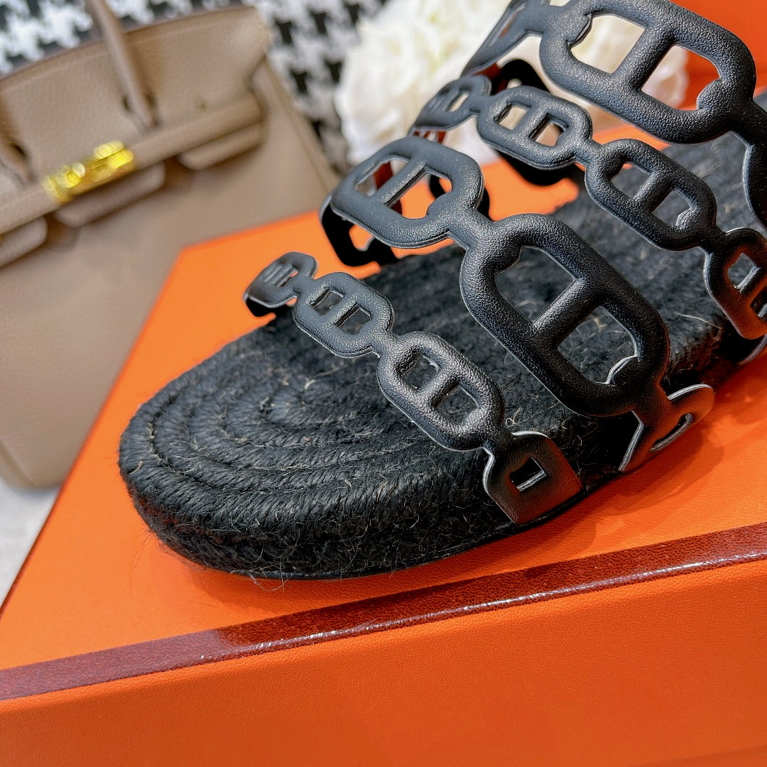 HERMES BLACK STRAW SOLE SLIPPERS BLACK LAMBSKIN