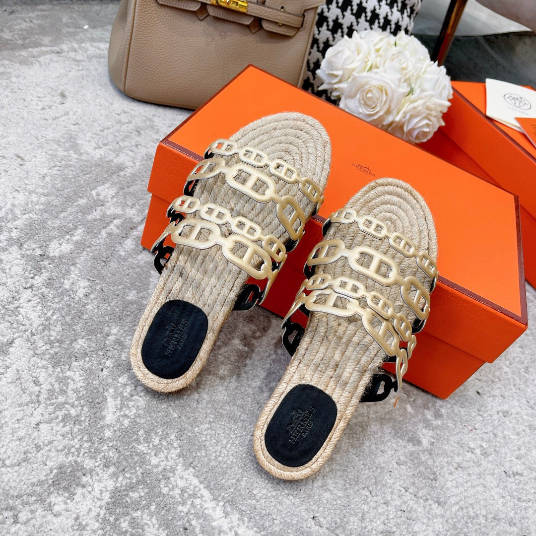 HERMES STRAW SOLE SLIPPERS METALLIC GOLD LAMBSKIN